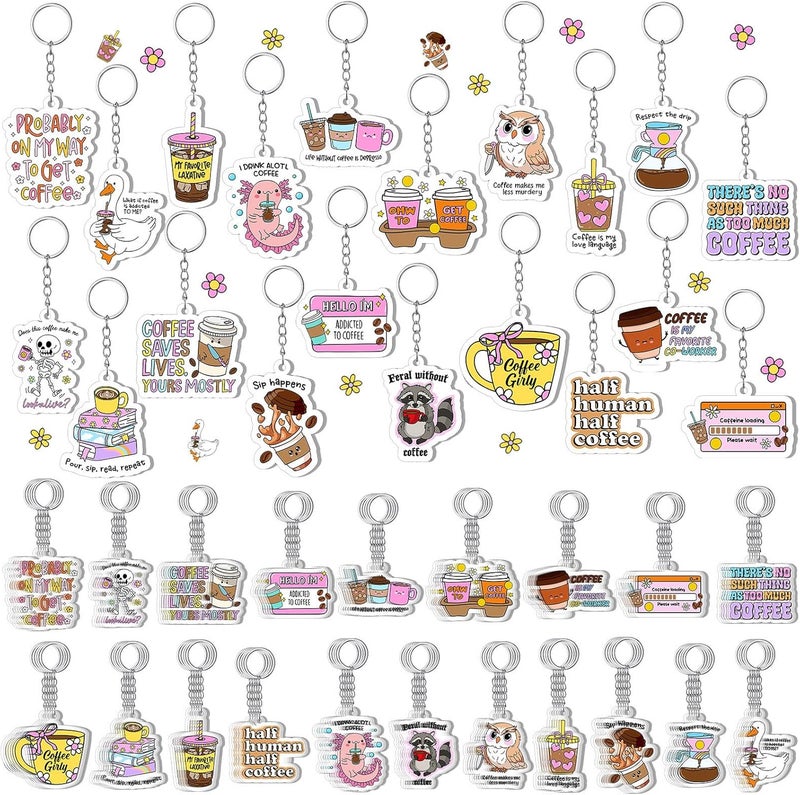 Equsion 100 Pcs Valentine's Day Coffee Lovers Gifts Keychain Bulk, 20 Style Cute Novelty Acrylic Key Chains, Funny Coffee Keychain for Men Women, Coworkers, Barista, Goodie Bag Fillers, Club Prizes - Image 1